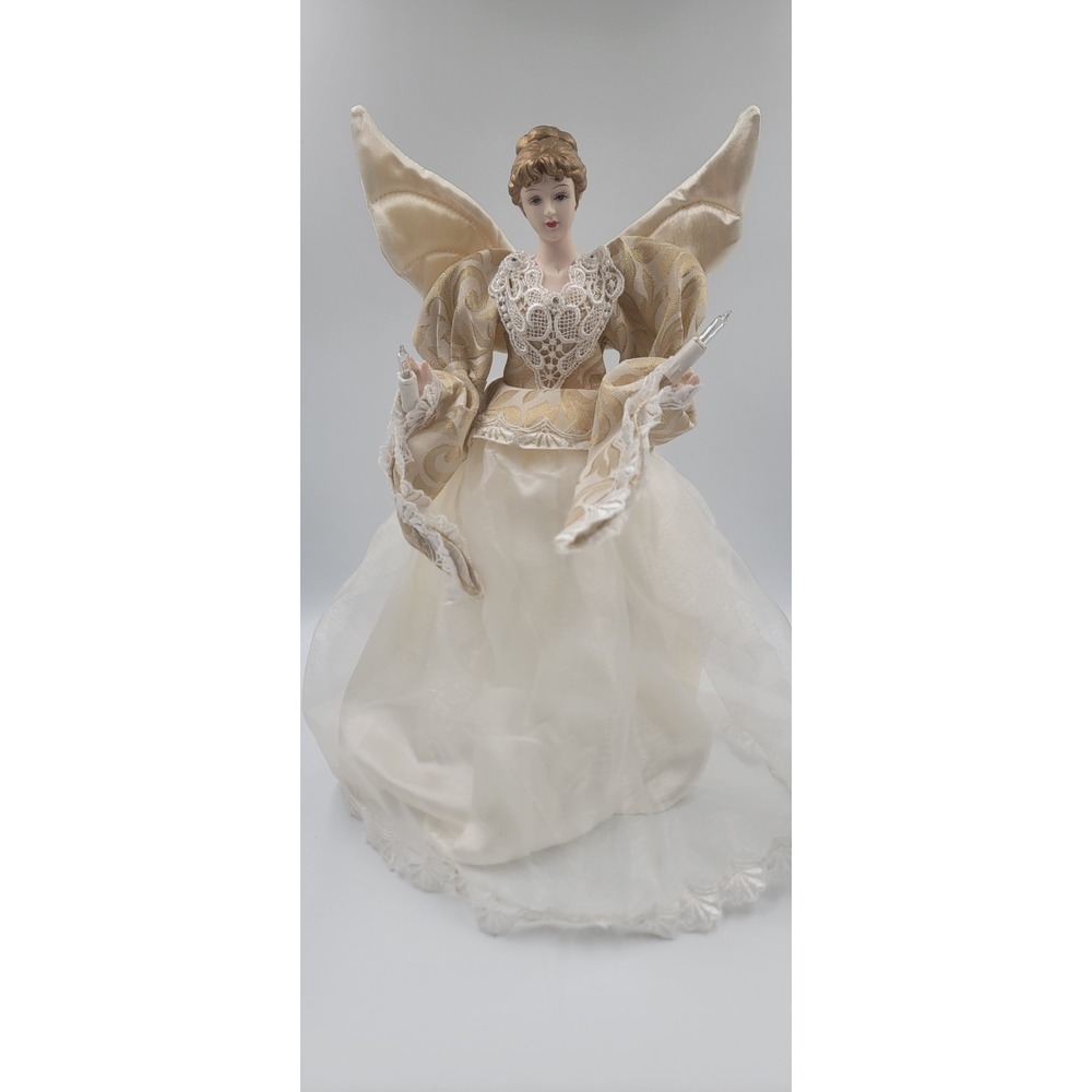 Vtg Victorian Porcelain Head Angel Tree Topper Ivory & Cream Elegant 13.5" Xmas